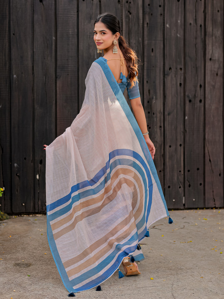 Ivory Mul Cotton Saree with Blue & Beige Striped Border, Statement Pallu & Tassels | Office Wear Saree