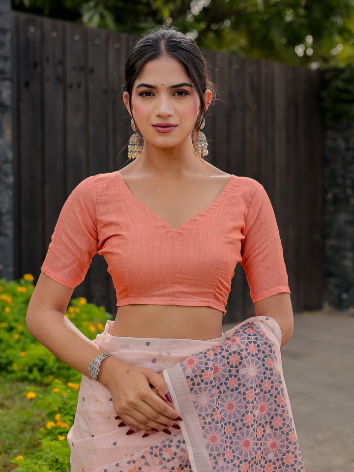 Blush Pink Mul Cotton Saree with Geometric Floral Print, Statement Pallu & Tassels | Office & Daily Wear