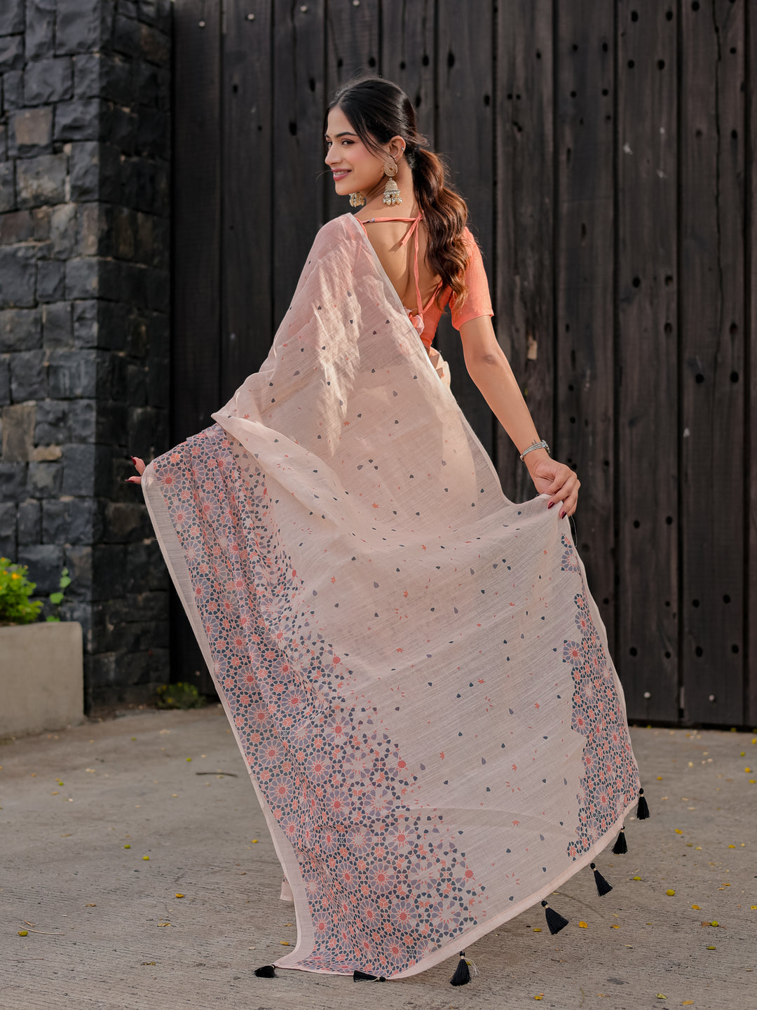 Blush Pink Mul Cotton Saree with Geometric Floral Print, Statement Pallu & Tassels | Office & Daily Wear