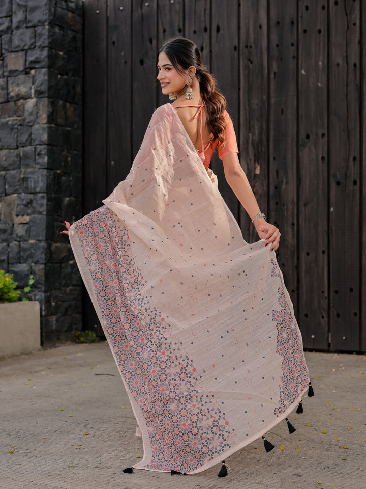 Blush Pink Mul Cotton Saree with Geometric Floral Print, Statement Pallu & Tassels | Office & Daily Wear