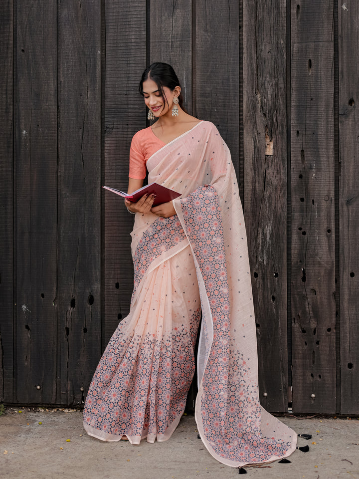 Blush Pink Mul Cotton Saree with Geometric Floral Print, Statement Pallu & Tassels | Office & Daily Wear