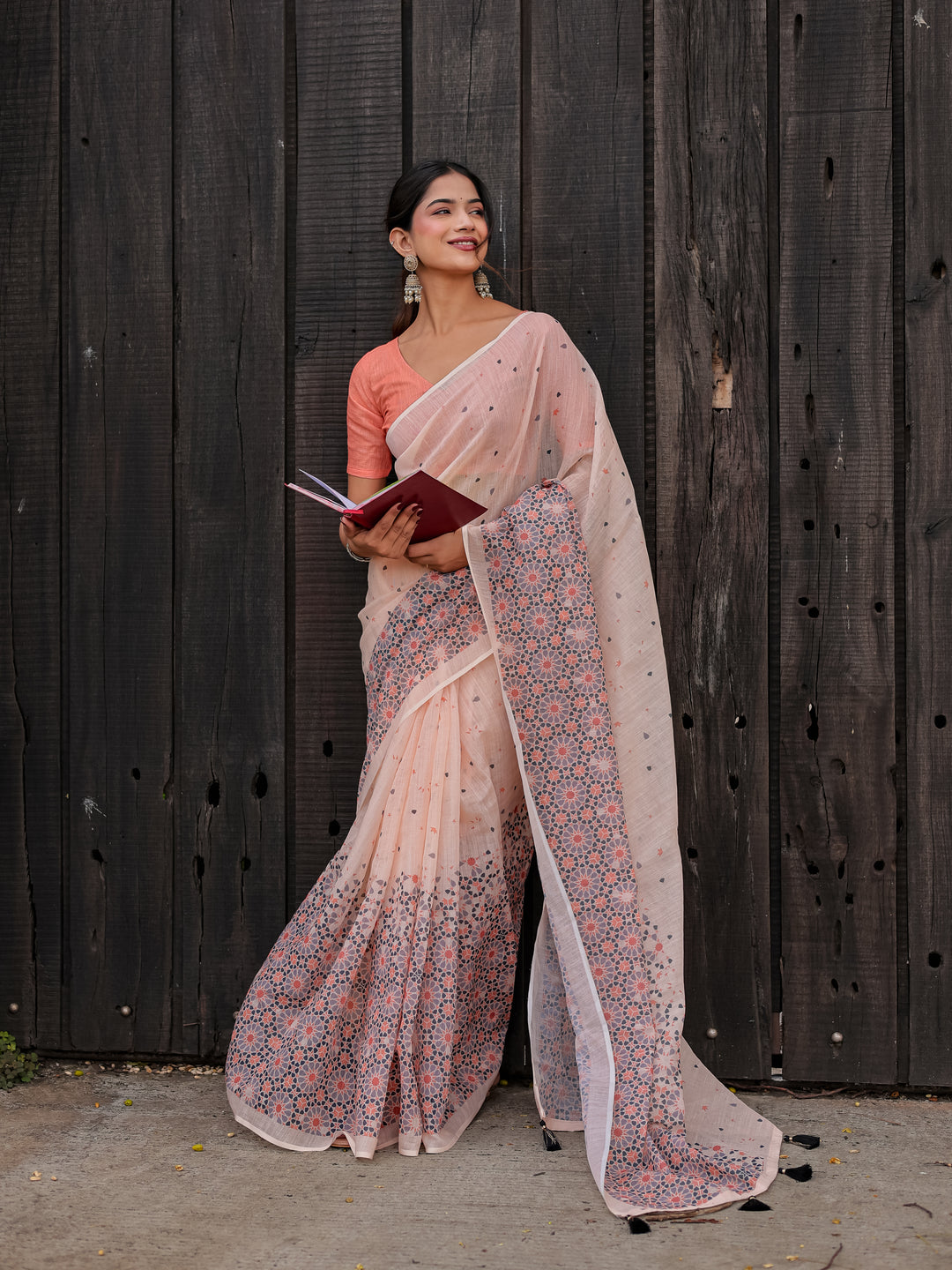 Blush Pink Mul Cotton Saree with Geometric Floral Print, Statement Pallu & Tassels | Office & Daily Wear