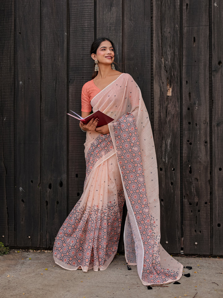 Blush Pink Mul Cotton Saree with Geometric Floral Print, Statement Pallu & Tassels | Office & Daily Wear