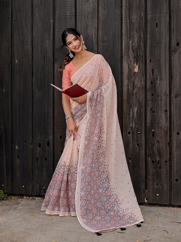 Blush Pink Mul Cotton Saree with Geometric Floral Print, Statement Pallu & Tassels | Office & Daily Wear