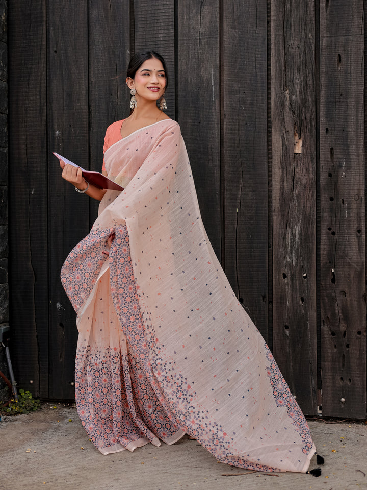 Blush Pink Mul Cotton Saree with Geometric Floral Print, Statement Pallu & Tassels | Office & Daily Wear