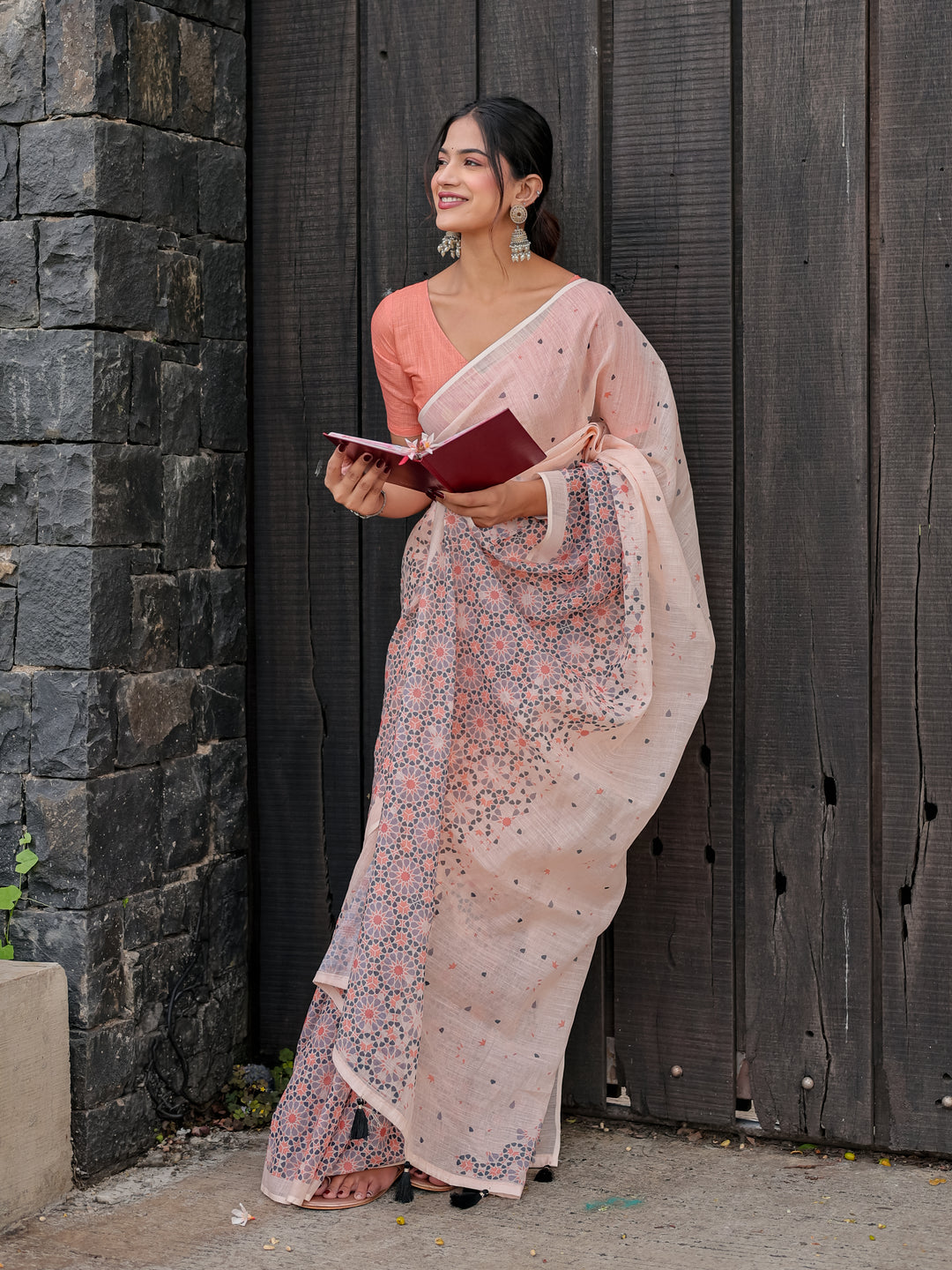 Blush Pink Mul Cotton Saree with Geometric Floral Print, Statement Pallu & Tassels | Office & Daily Wear