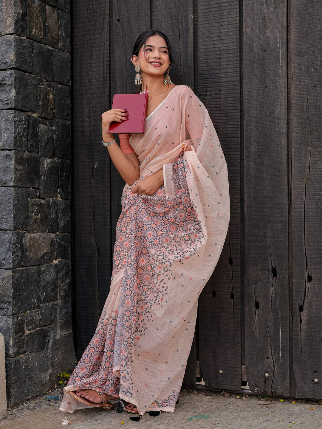 Blush Pink Mul Cotton Saree with Geometric Floral Print, Statement Pallu & Tassels | Office & Daily Wear