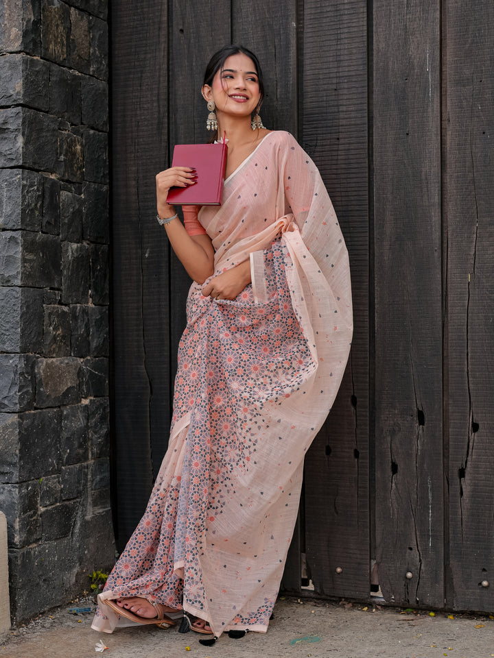 Blush Pink Mul Cotton Saree with Geometric Floral Print, Statement Pallu & Tassels | Office & Daily Wear