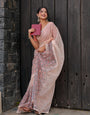 Blush Pink Mul Cotton Saree with Geometric Floral Print, Statement Pallu & Tassels | Office & Daily Wear, Comes With Attached Blouse Piece
