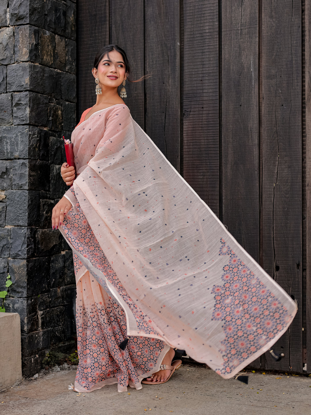 Blush Pink Mul Cotton Saree with Geometric Floral Print, Statement Pallu & Tassels | Office & Daily Wear