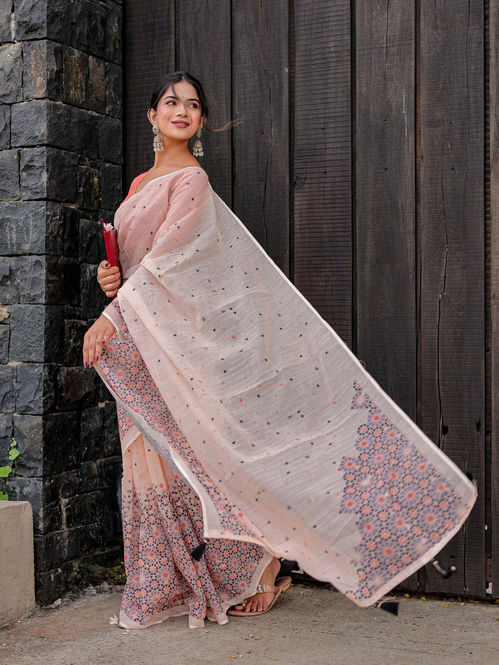 Blush Pink Mul Cotton Saree with Geometric Floral Print, Statement Pallu & Tassels | Office & Daily Wear