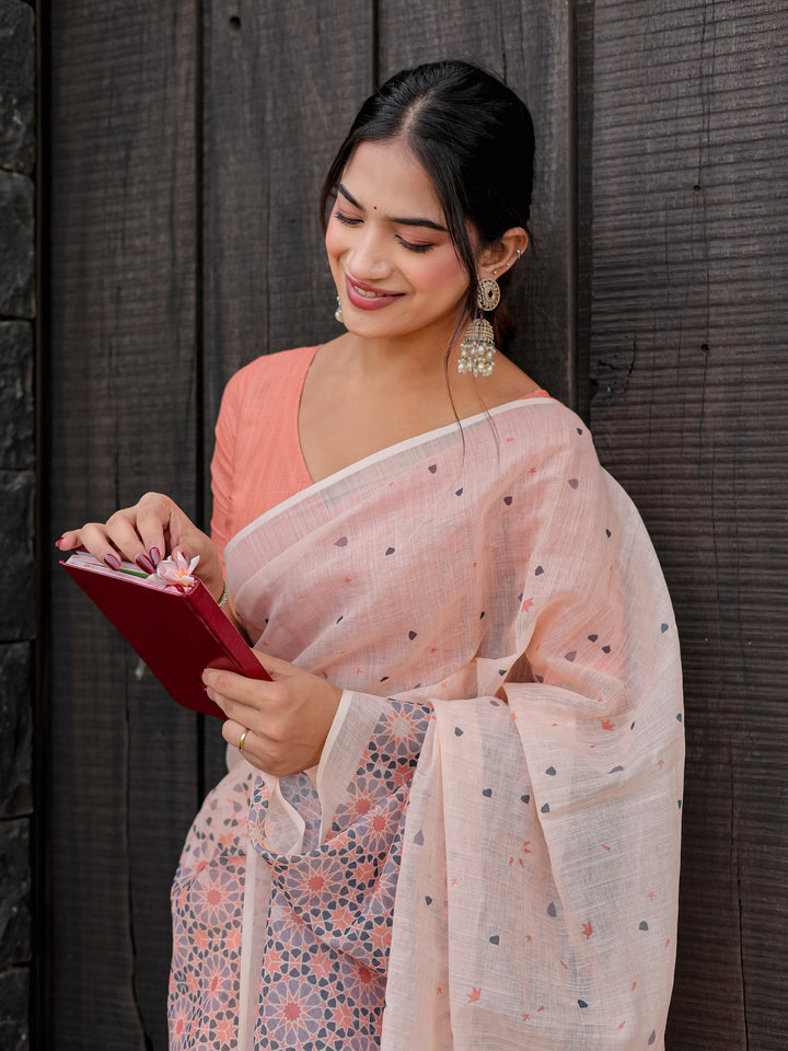 Blush Pink Mul Cotton Saree with Geometric Floral Print, Statement Pallu & Tassels | Office & Daily Wear