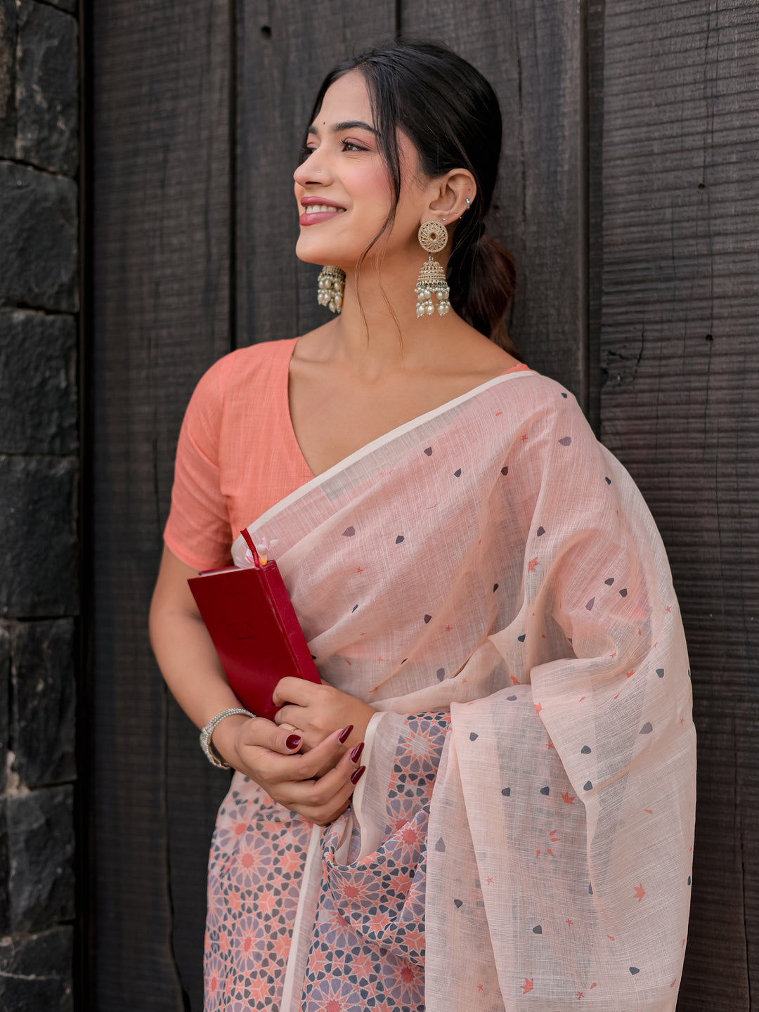 Blush Pink Mul Cotton Saree with Geometric Floral Print, Statement Pallu & Tassels | Office & Daily Wear