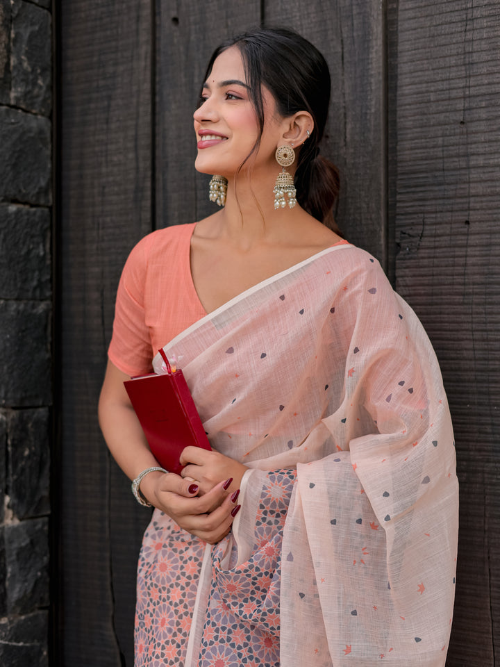 Blush Pink Mul Cotton Saree with Geometric Floral Print, Statement Pallu & Tassels | Office & Daily Wear