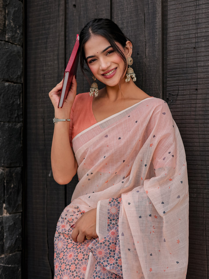 Blush Pink Mul Cotton Saree with Geometric Floral Print, Statement Pallu & Tassels | Office & Daily Wear