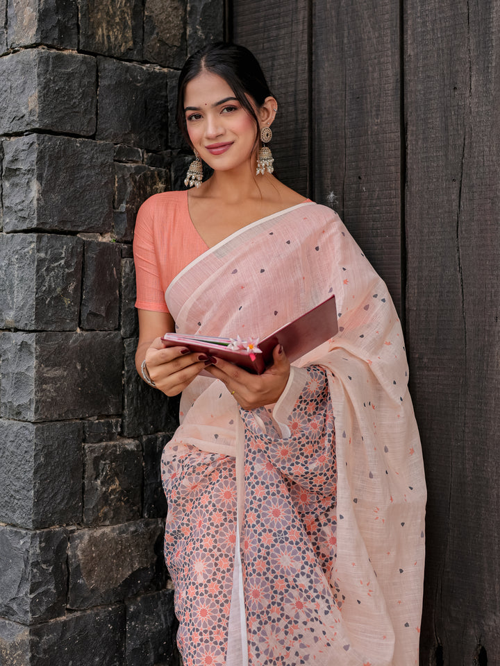 Blush Pink Mul Cotton Saree with Geometric Floral Print, Statement Pallu & Tassels | Office & Daily Wear
