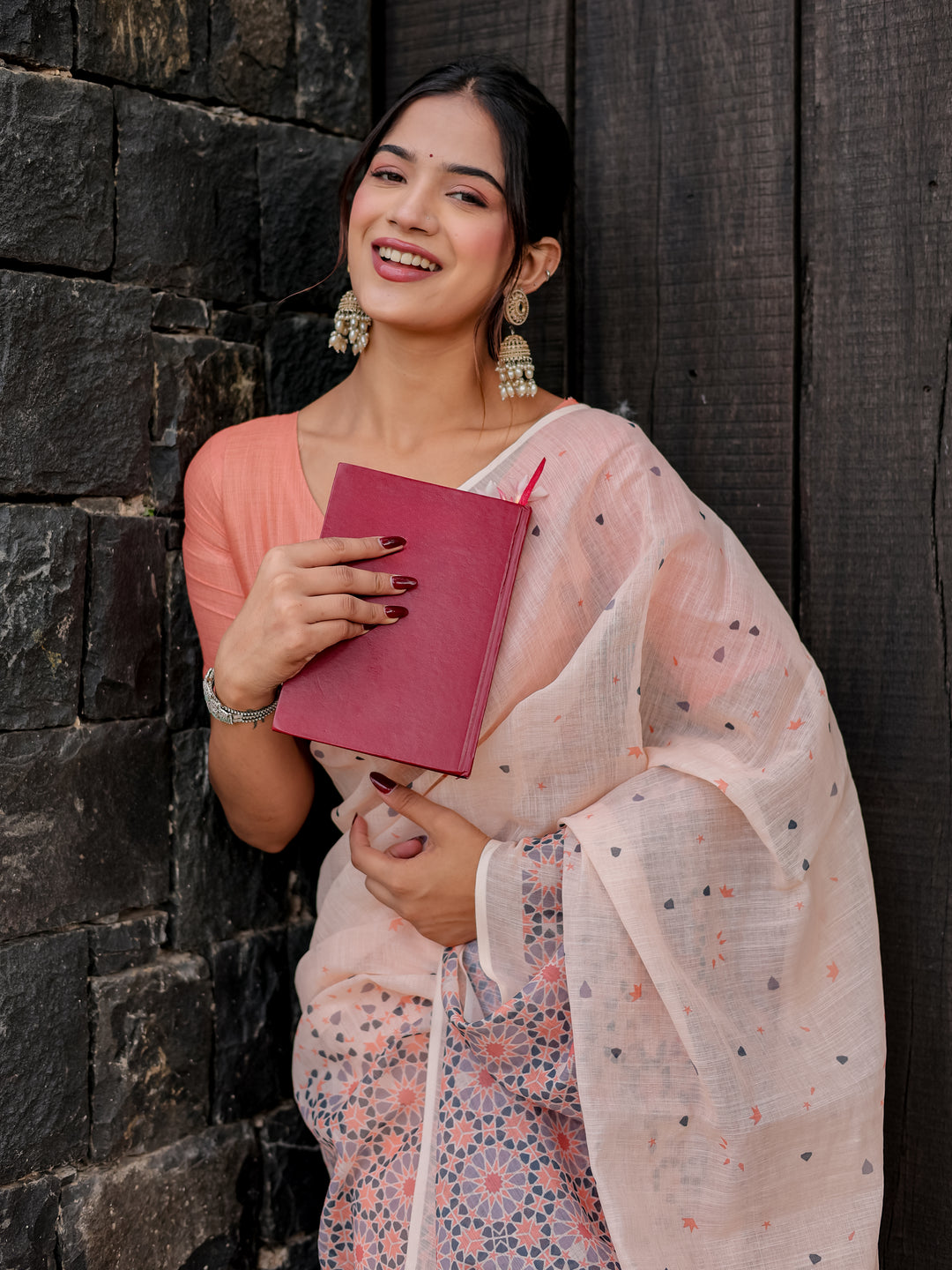 Blush Pink Mul Cotton Saree with Geometric Floral Print, Statement Pallu & Tassels | Office & Daily Wear