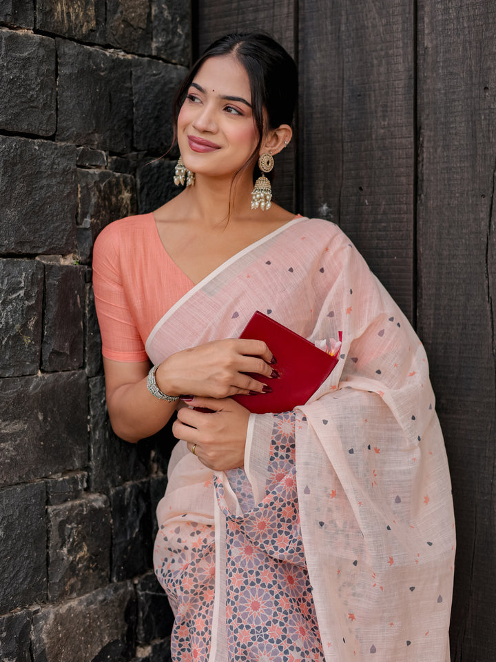 Blush Pink Mul Cotton Saree with Geometric Floral Print, Statement Pallu & Tassels | Office & Daily Wear