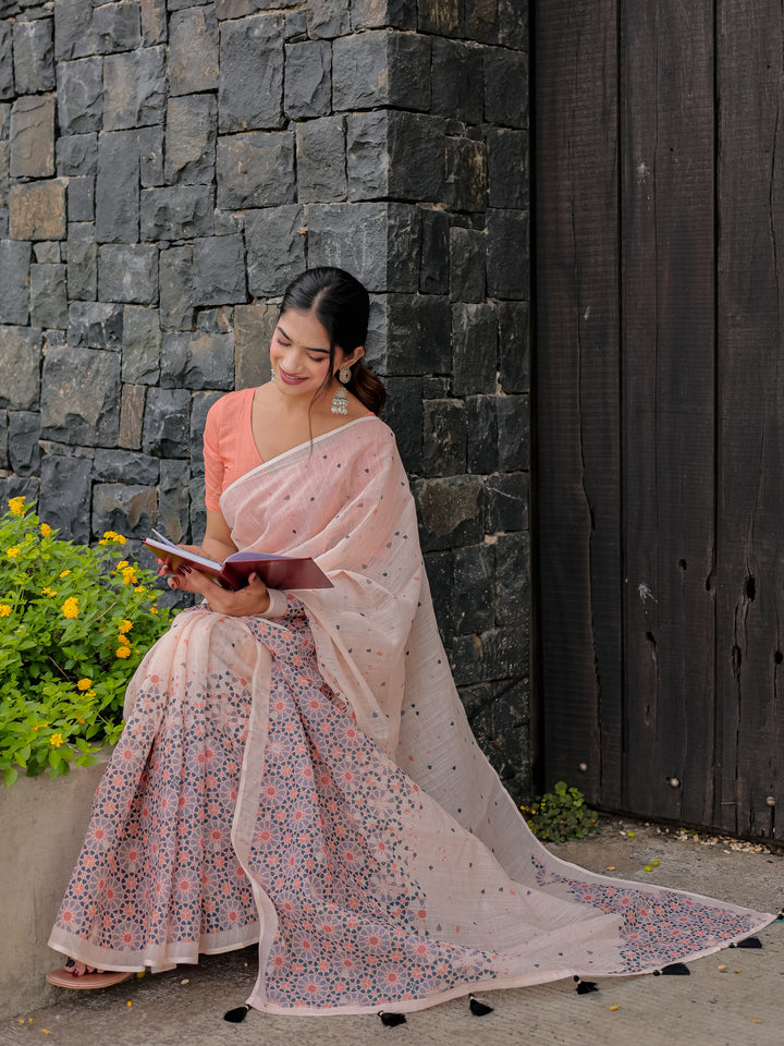 Blush Pink Mul Cotton Saree with Geometric Floral Print, Statement Pallu & Tassels | Office & Daily Wear