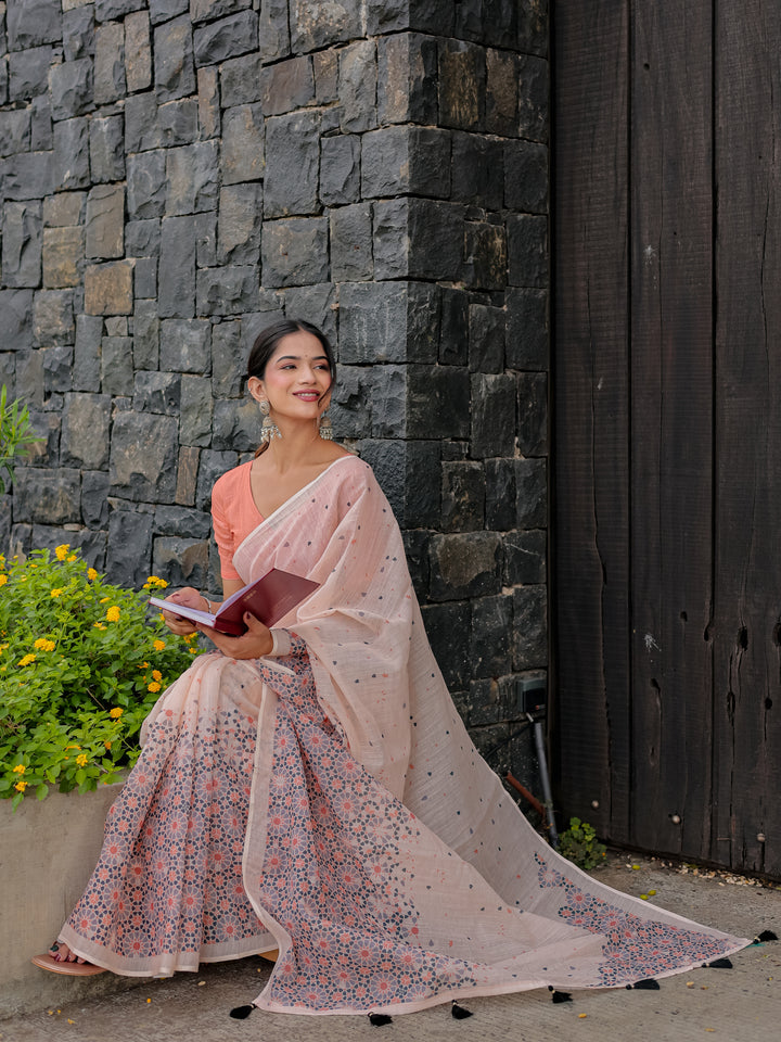 Blush Pink Mul Cotton Saree with Geometric Floral Print, Statement Pallu & Tassels | Office & Daily Wear