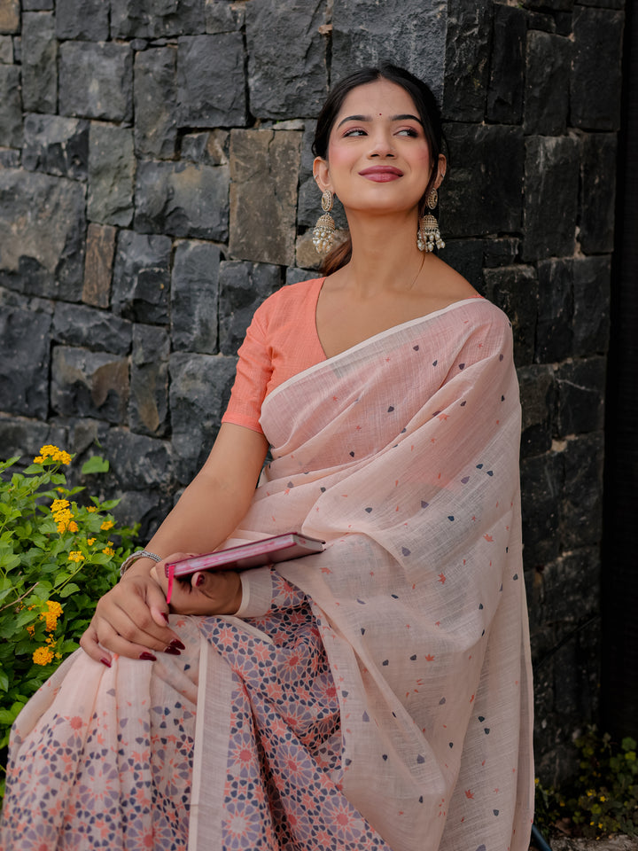 Blush Pink Mul Cotton Saree with Geometric Floral Print, Statement Pallu & Tassels | Office & Daily Wear