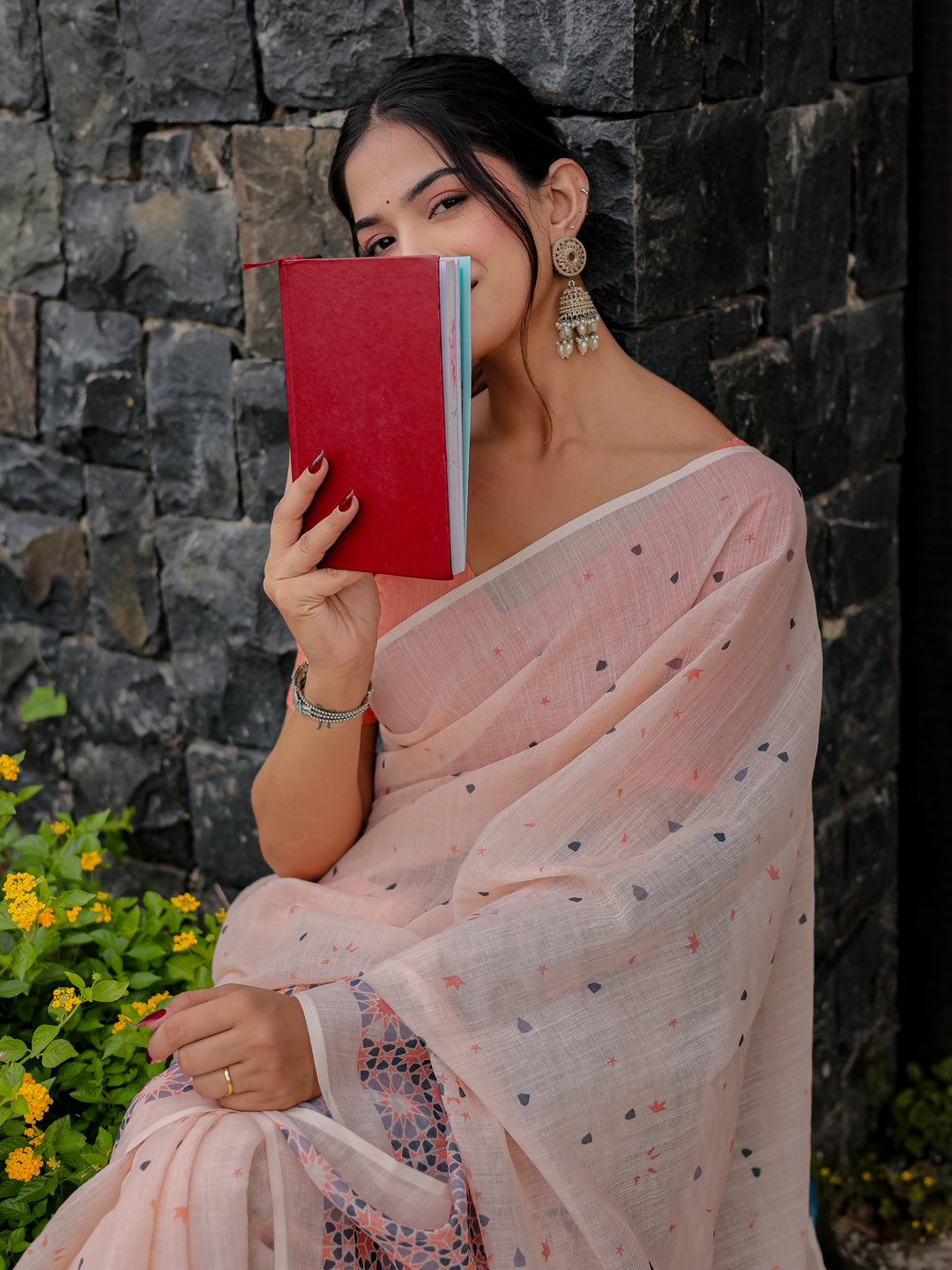 Blush Pink Mul Cotton Saree with Geometric Floral Print, Statement Pallu & Tassels | Office & Daily Wear