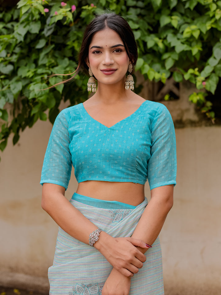 Aqua Blue Mul Cotton Floral Print Saree with Contrast Border & Tassels | Elegant Office & Daily Wear Saree