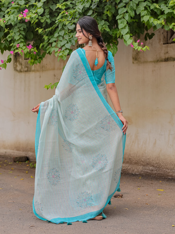 Aqua Blue Mul Cotton Floral Print Saree with Contrast Border & Tassels | Elegant Office & Daily Wear Saree