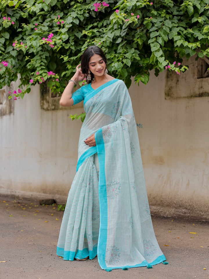 Aqua Blue Mul Cotton Floral Print Saree with Contrast Border & Tassels | Elegant Office & Daily Wear Saree