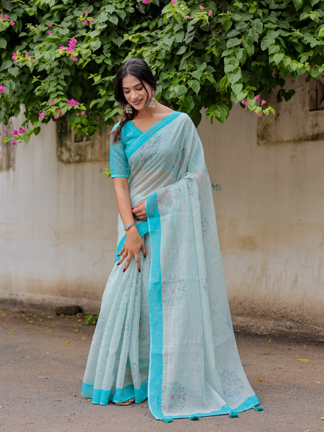 Aqua Blue Mul Cotton Floral Print Saree with Contrast Border & Tassels | Elegant Office & Daily Wear Saree