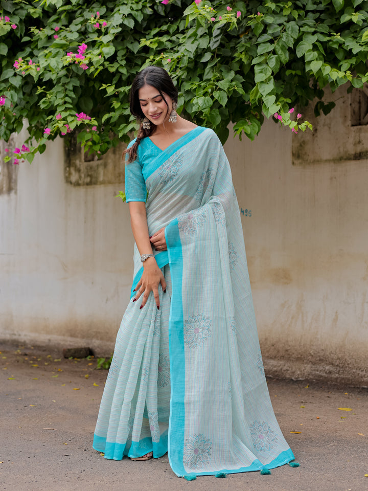 Aqua Blue Mul Cotton Floral Print Saree with Contrast Border & Tassels | Elegant Office & Daily Wear Saree