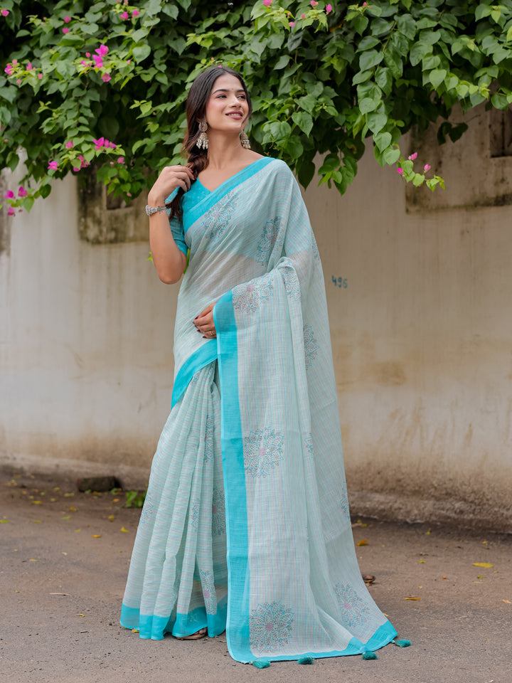 Aqua Blue Mul Cotton Floral Print Saree with Contrast Border & Tassels | Elegant Office & Daily Wear Saree