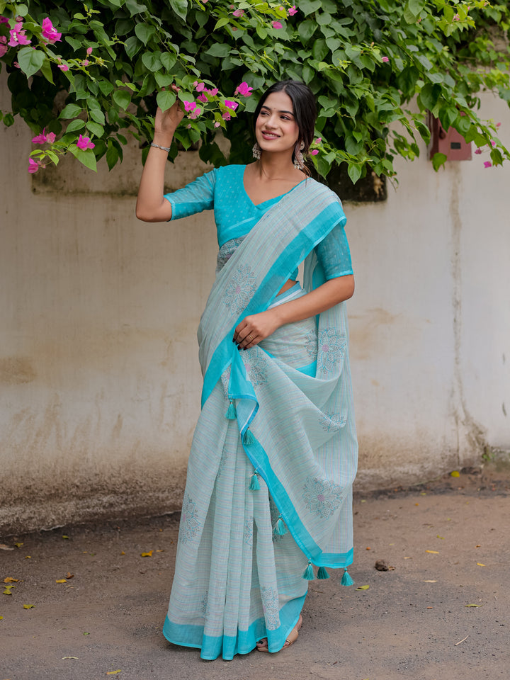 Aqua Blue Mul Cotton Floral Print Saree with Contrast Border & Tassels | Elegant Office & Daily Wear Saree