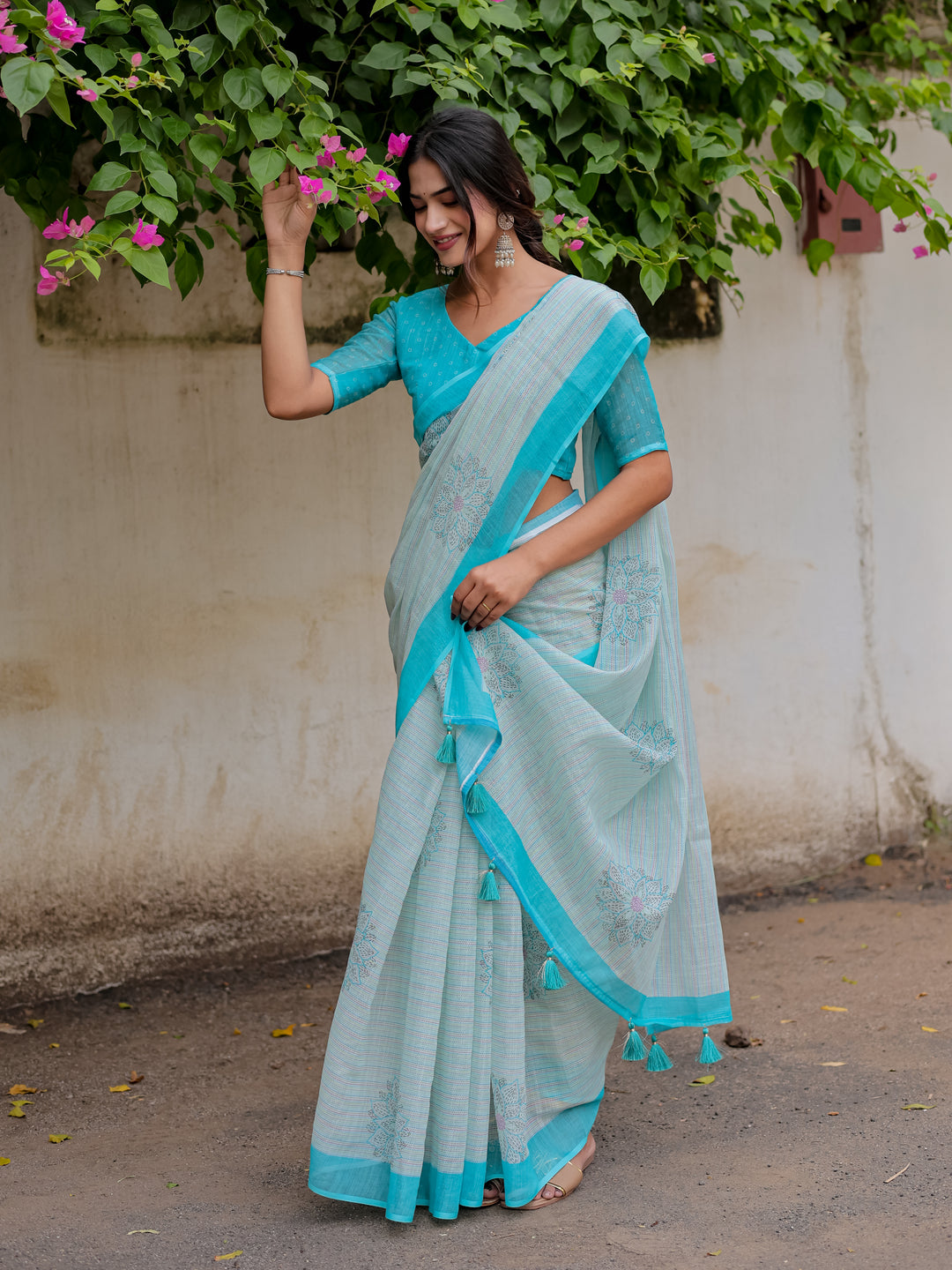 Aqua Blue Mul Cotton Floral Print Saree with Contrast Border & Tassels | Elegant Office & Daily Wear Saree