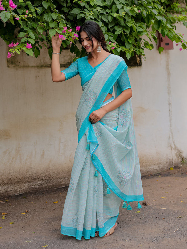 Aqua Blue Mul Cotton Floral Print Saree with Contrast Border & Tassels | Elegant Office & Daily Wear Saree