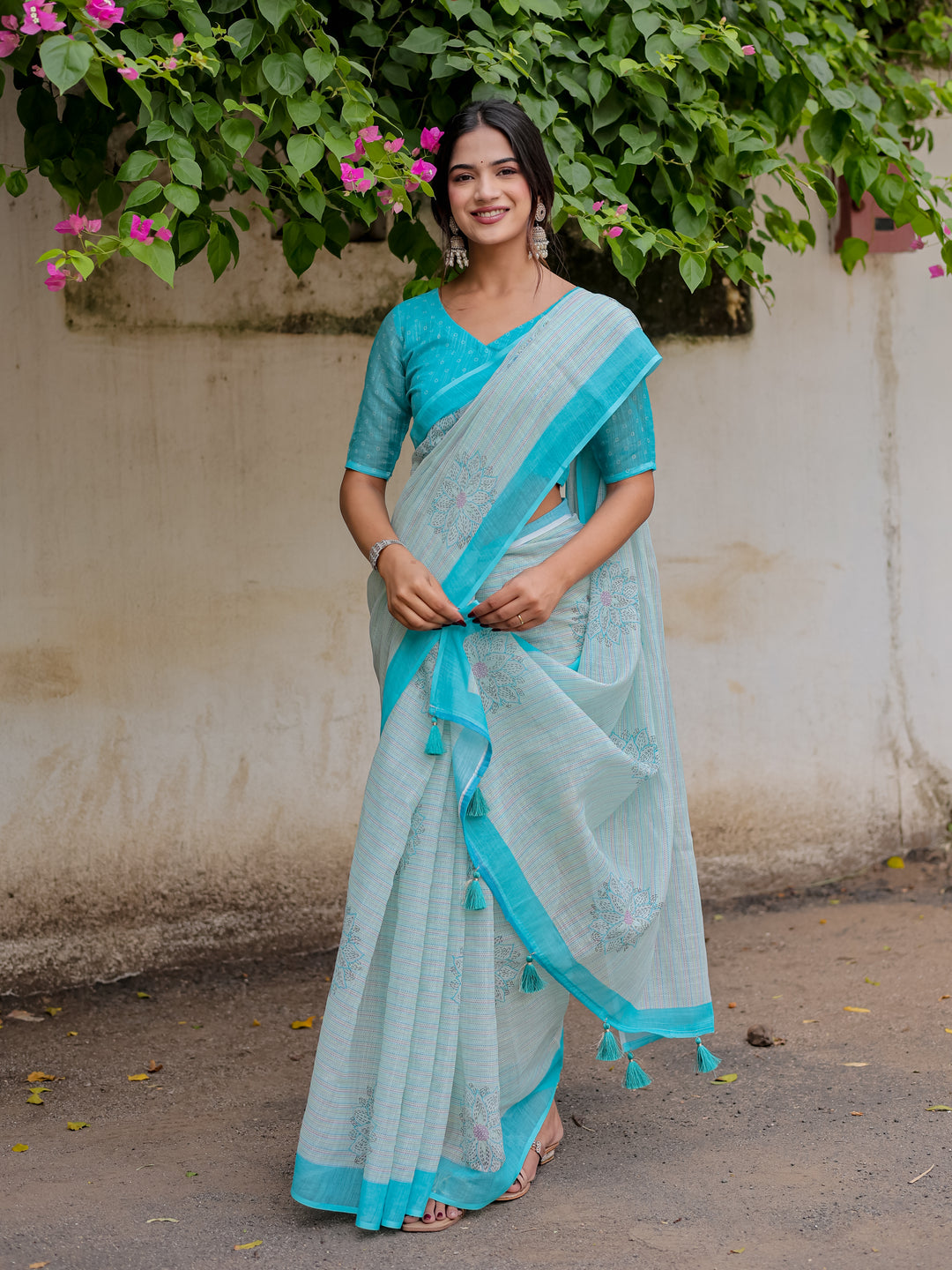 Aqua Blue Mul Cotton Floral Print Saree with Contrast Border & Tassels | Elegant Office & Daily Wear Saree