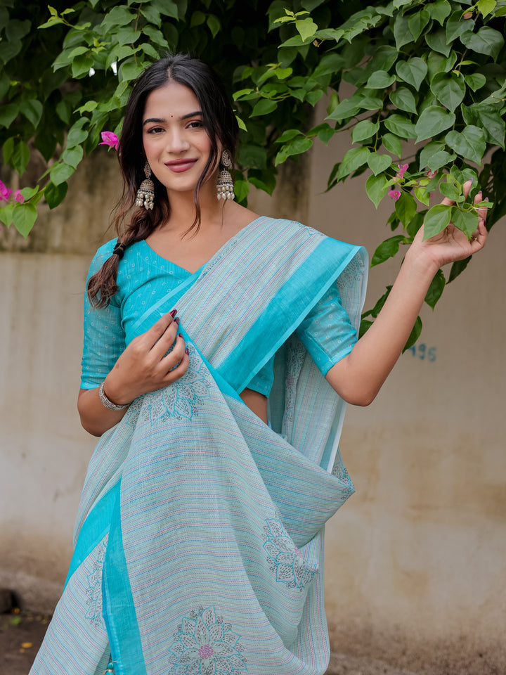 Aqua Blue Mul Cotton Floral Print Saree with Contrast Border & Tassels | Elegant Office & Daily Wear Saree