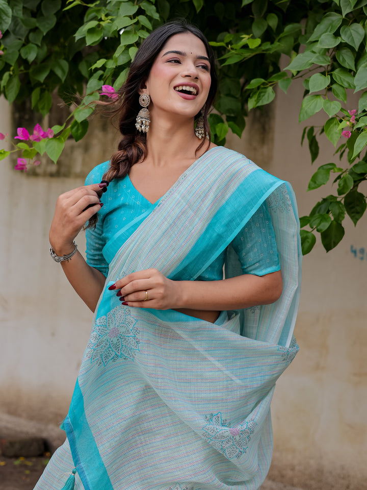 Aqua Blue Mul Cotton Floral Print Saree with Contrast Border & Tassels | Elegant Office & Daily Wear Saree