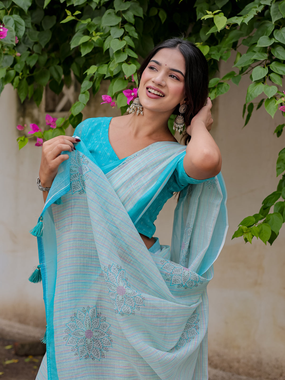 Aqua Blue Mul Cotton Floral Print Saree with Contrast Border & Tassels | Elegant Office & Daily Wear Saree
