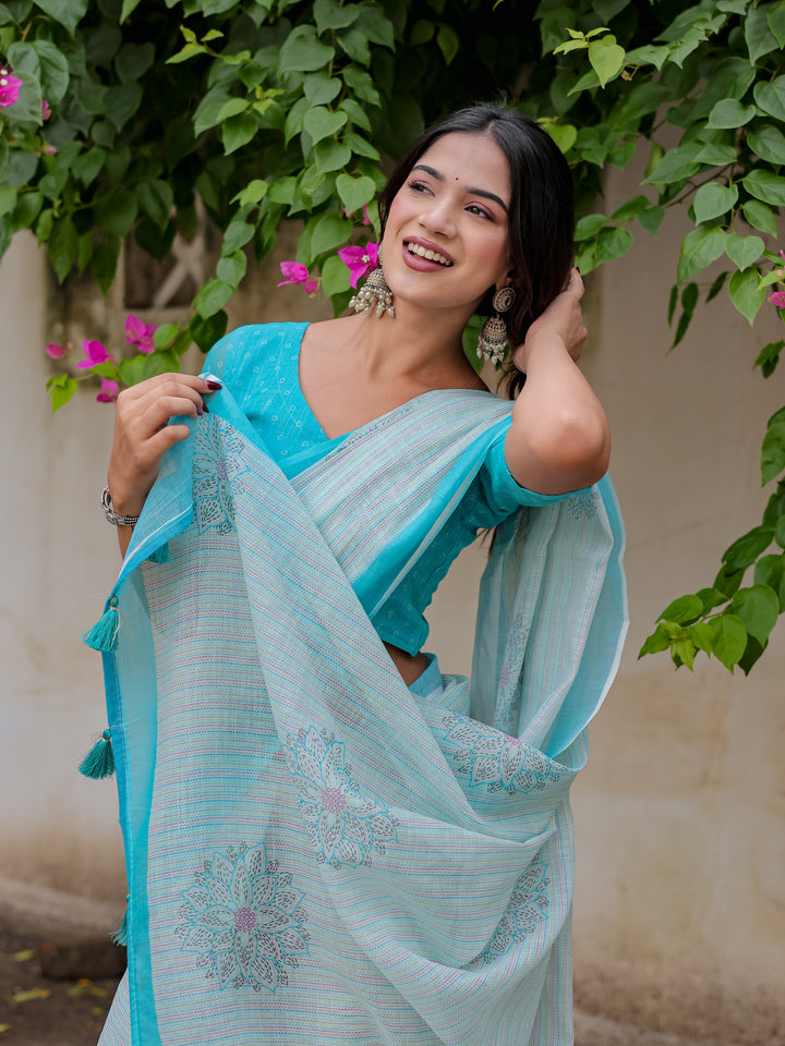 Aqua Blue Mul Cotton Floral Print Saree with Contrast Border & Tassels | Elegant Office & Daily Wear Saree