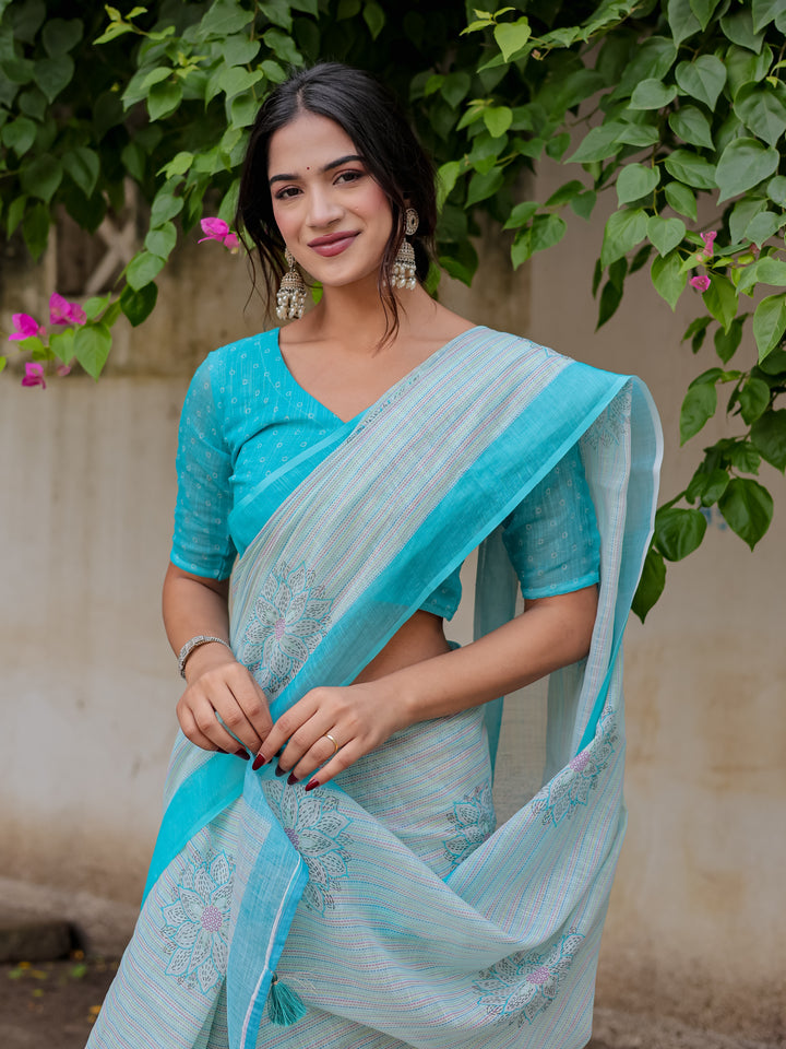 Aqua Blue Mul Cotton Floral Print Saree with Contrast Border & Tassels | Elegant Office & Daily Wear Saree