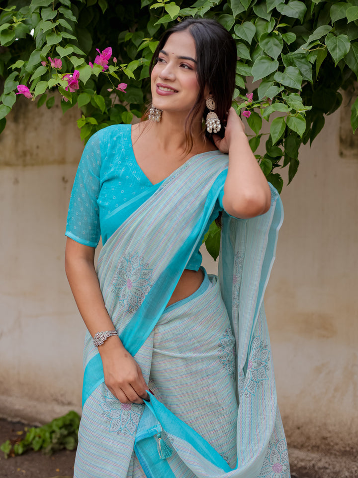 Aqua Blue Mul Cotton Floral Print Saree with Contrast Border & Tassels | Elegant Office & Daily Wear Saree