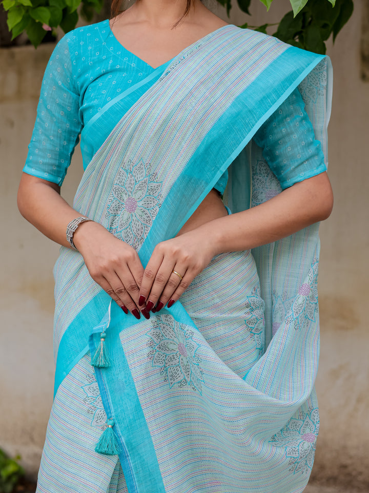 Aqua Blue Mul Cotton Floral Print Saree with Contrast Border & Tassels | Elegant Office & Daily Wear Saree