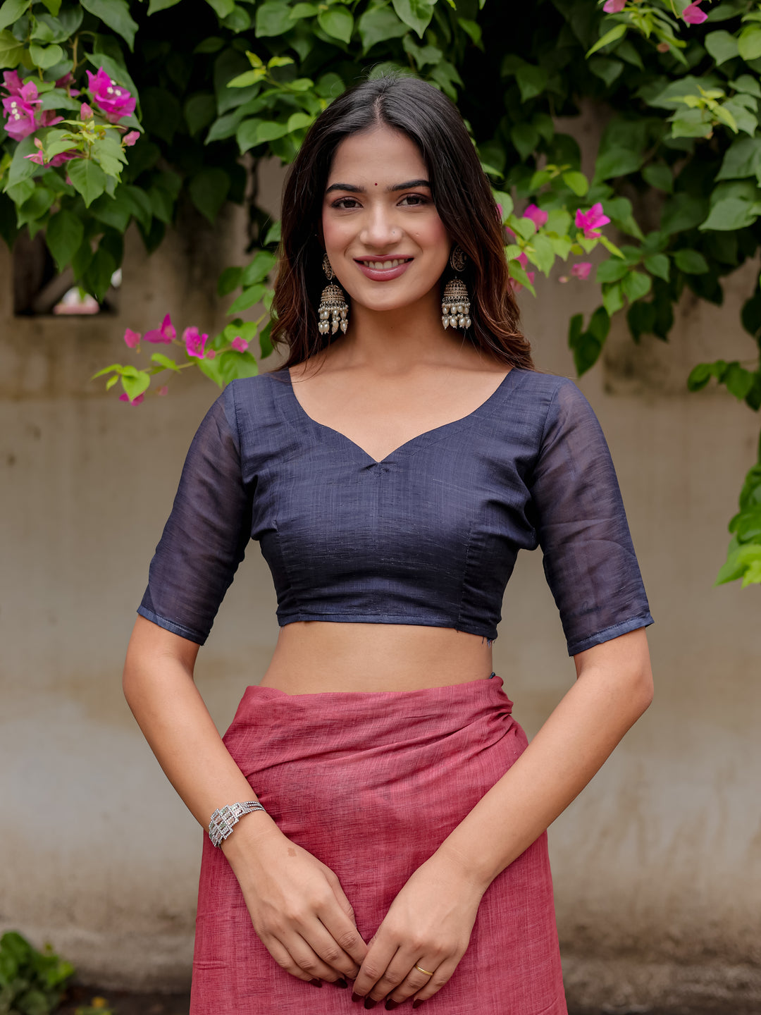 Rose Pink Mul Cotton Saree with Navy Blue Printed Border, Statement Pallu & Tassels | Office & Casual Wear