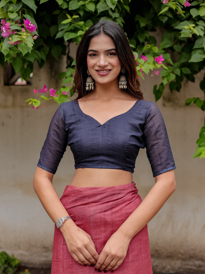 Rose Pink Mul Cotton Saree with Navy Blue Printed Border, Statement Pallu & Tassels | Office & Casual Wear