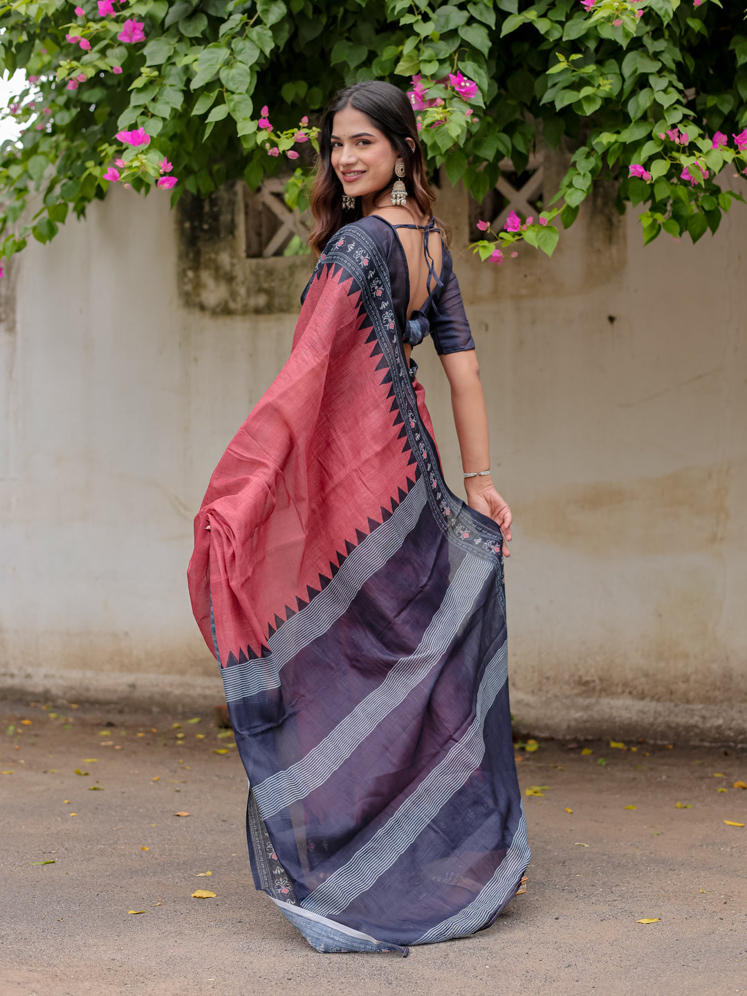 Rose Pink Mul Cotton Saree with Navy Blue Printed Border, Statement Pallu & Tassels | Office & Casual Wear