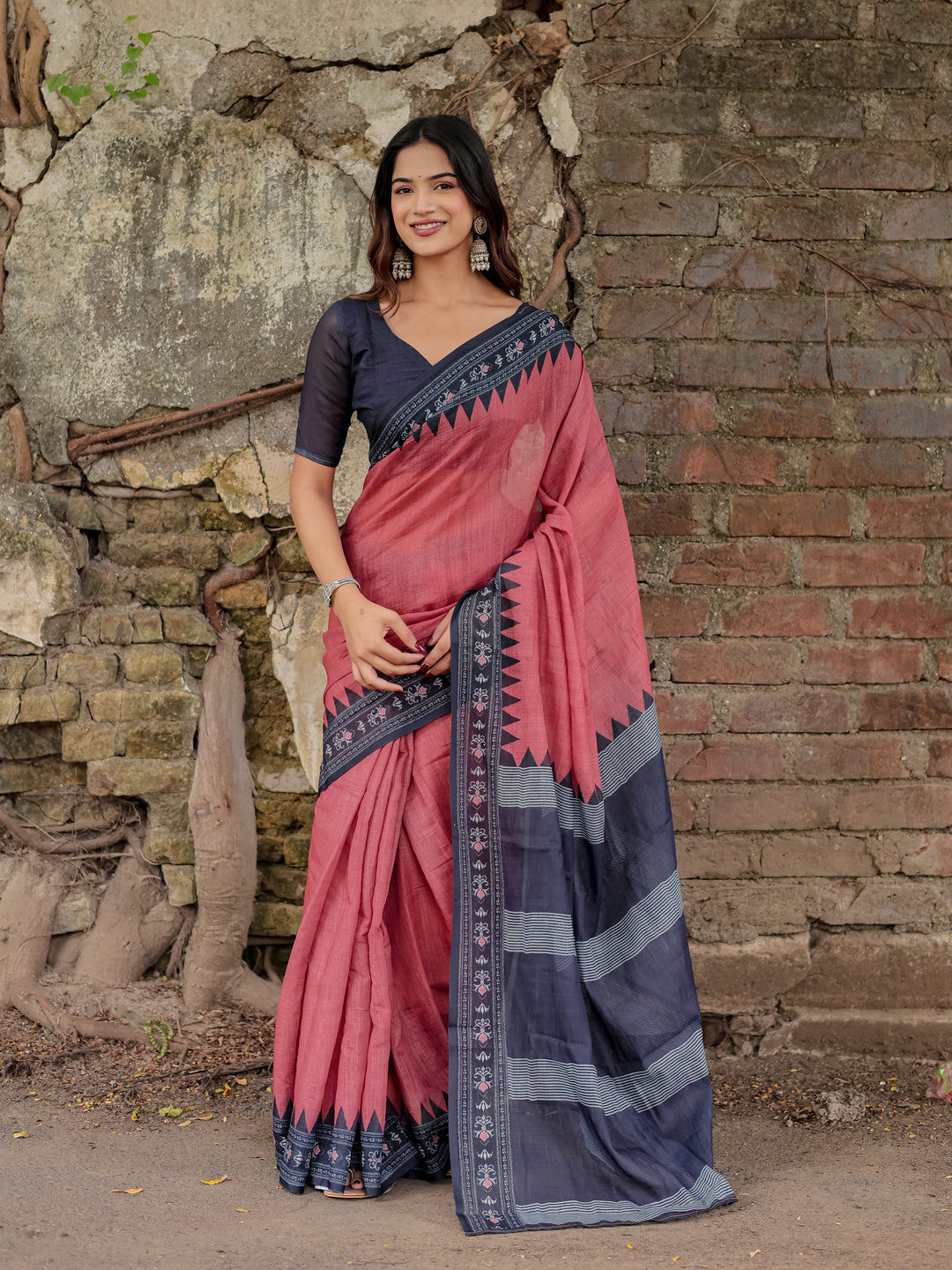 Rose Pink Mul Cotton Saree with Navy Blue Printed Border, Statement Pallu & Tassels | Office & Casual Wear