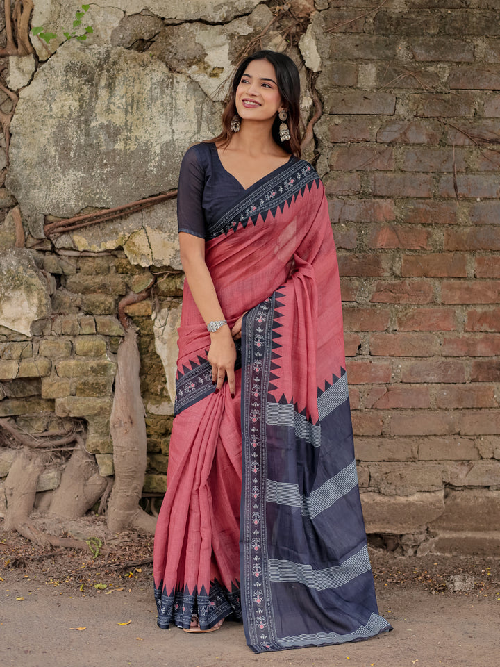 Rose Pink Mul Cotton Saree with Navy Blue Printed Border, Statement Pallu & Tassels | Office & Casual Wear