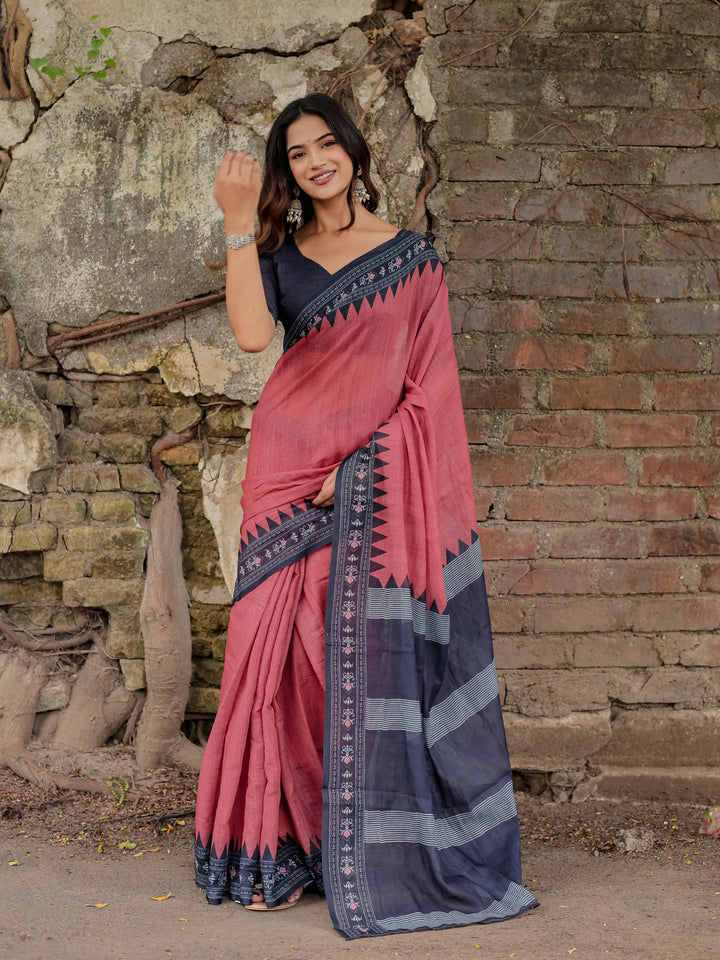 Rose Pink Mul Cotton Saree with Navy Blue Printed Border, Statement Pallu & Tassels | Office & Casual Wear