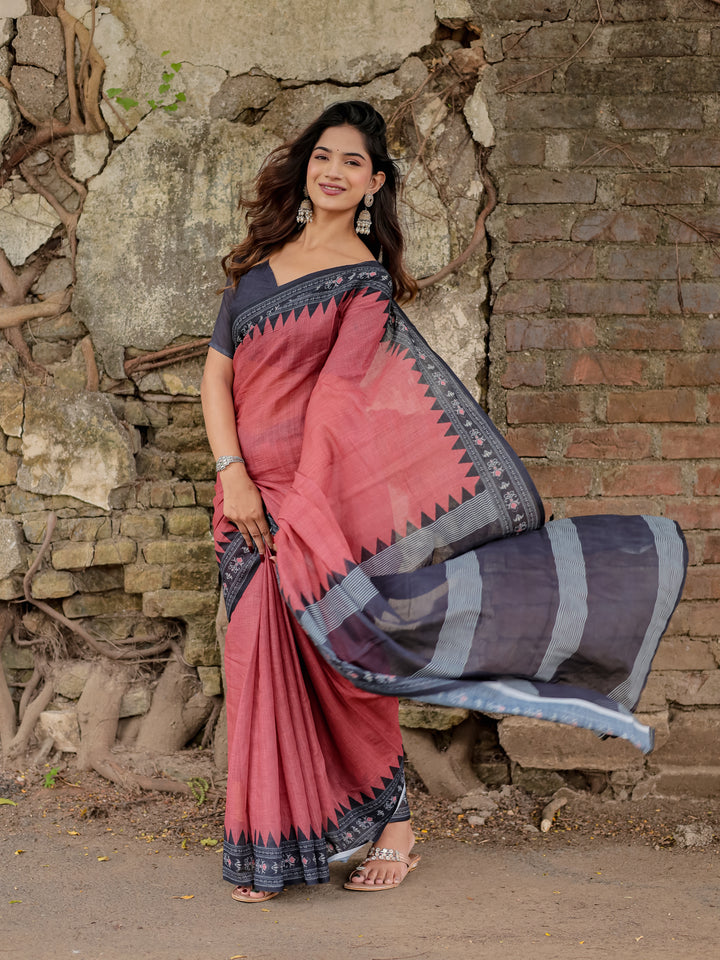Rose Pink Mul Cotton Saree with Navy Blue Printed Border, Statement Pallu & Tassels | Office & Casual Wear